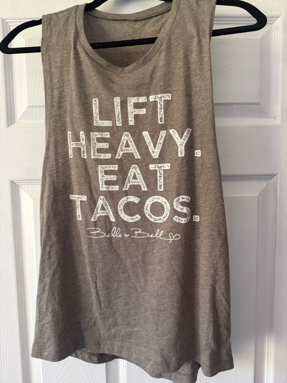 Bella Canvas Taupe Muscle Tank with "Lift Heavy. Eat Tacos." Graphic